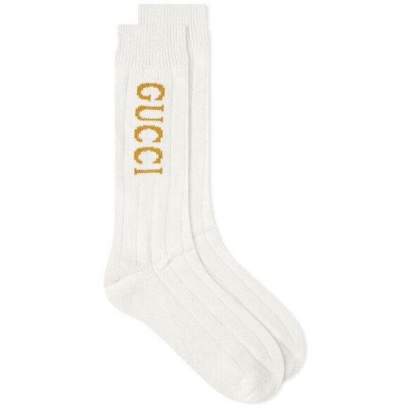NEW Gucci Logo Socks Unisex White Wool 100% Authentic Gold Size M - Picture 1 of 8